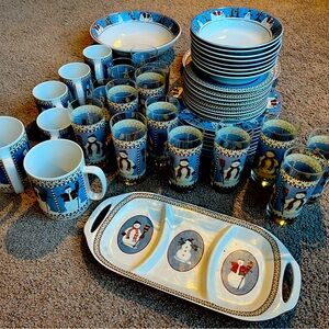 Large set of Sakura Debbie Mumm Snowman dishes